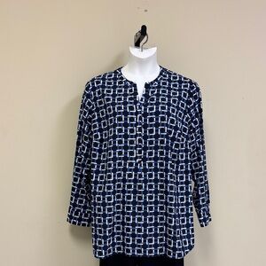 Talbots Navy, Blue and White Geometric Blouse